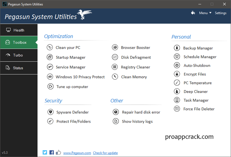 Pegasun System Utilities 2026 interface showing system optimization tools and PC cleanup dashboard 